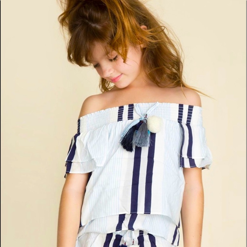 Vintage Havana Stripe Pom Pom Off The Shoulder Top